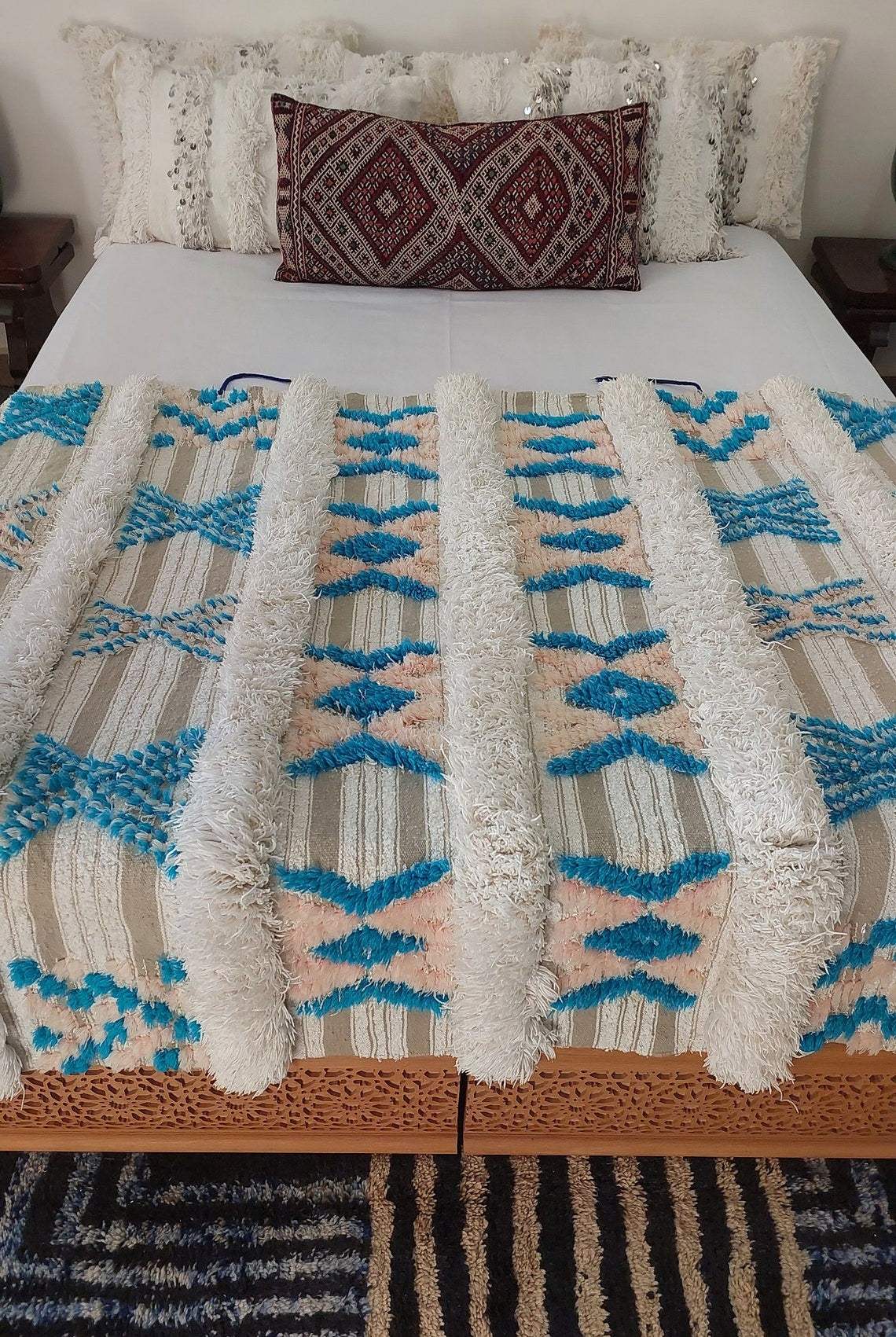 Beni Mtir Blanket Pink Blue Wool: Vintage Moroccan Handwoven Throw, Geometric Shimmer Textile MoroccanBazzArts