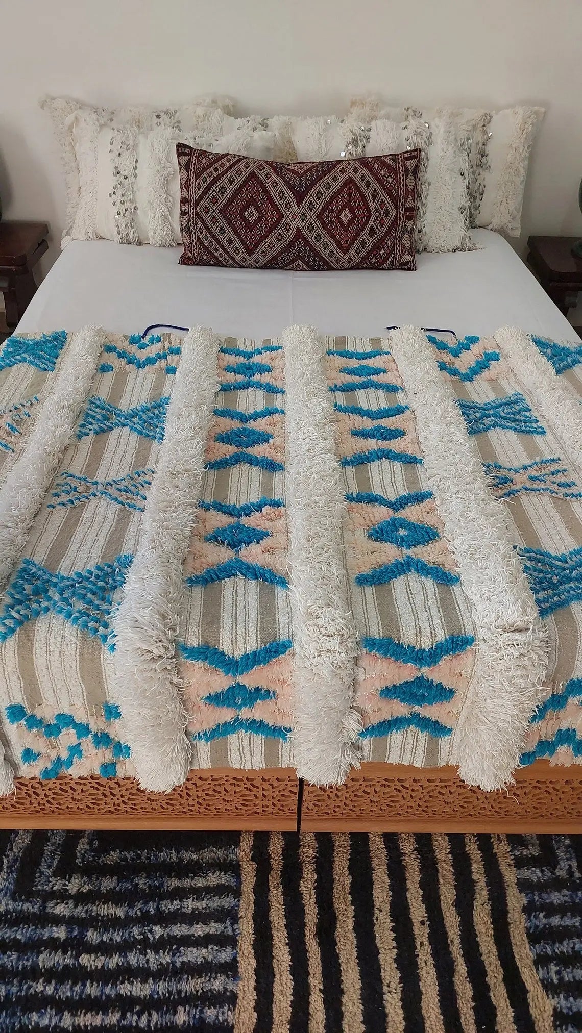 Beni Mtir Blanket Pink Blue Wool: Vintage Moroccan Handwoven Throw, Geometric Shimmer Textile MoroccanBazzArts