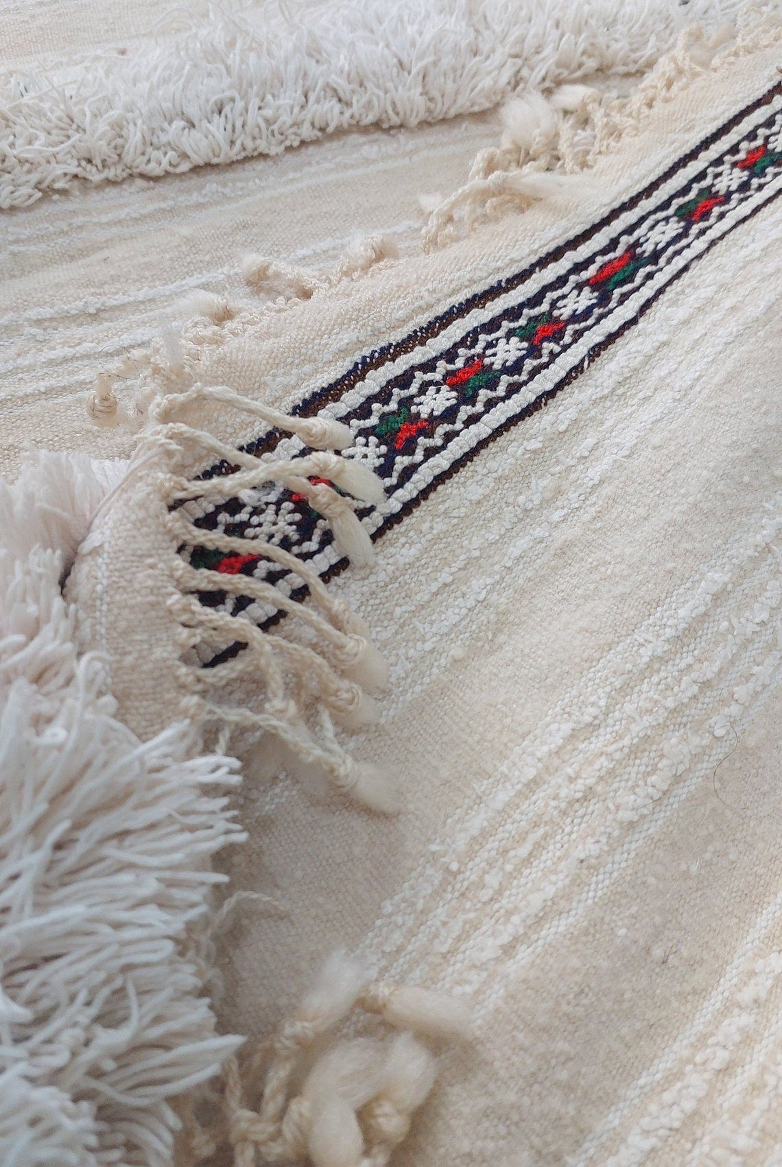 Handira Moroccan Wedding Blanket: Large Ivory Vintage Decor With Sequins, Tassels, Bohemian Century Berber Style MoroccanBazzArts