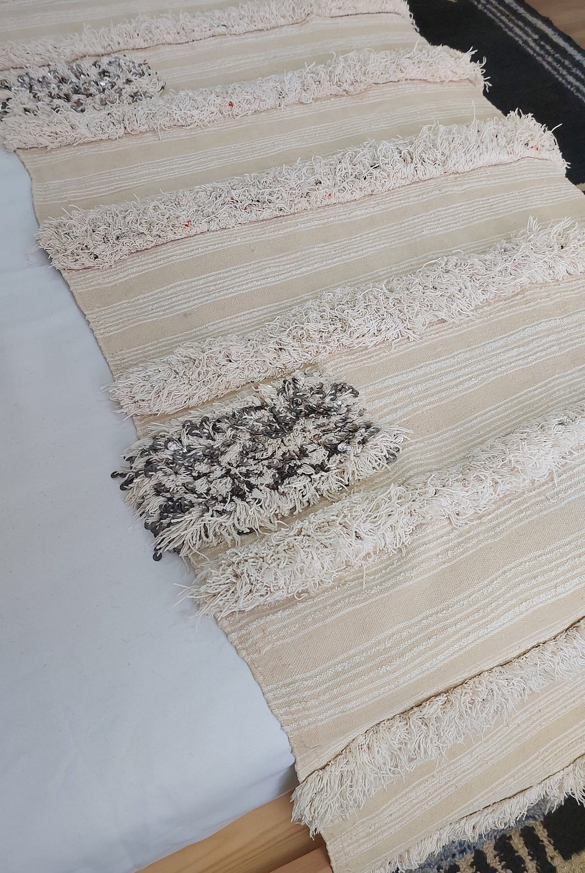 Handira Moroccan Wedding Blanket: Large Ivory Vintage Decor With Sequins, Tassels, Bohemian Century Berber Style MoroccanBazzArts