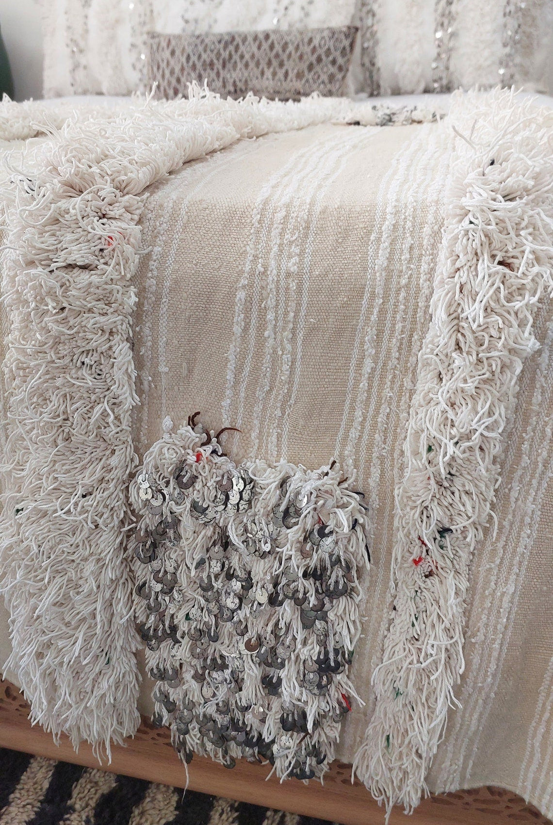 Handira Moroccan Wedding Blanket: Large Ivory Vintage Decor With Sequins, Tassels, Bohemian Century Berber Style MoroccanBazzArts