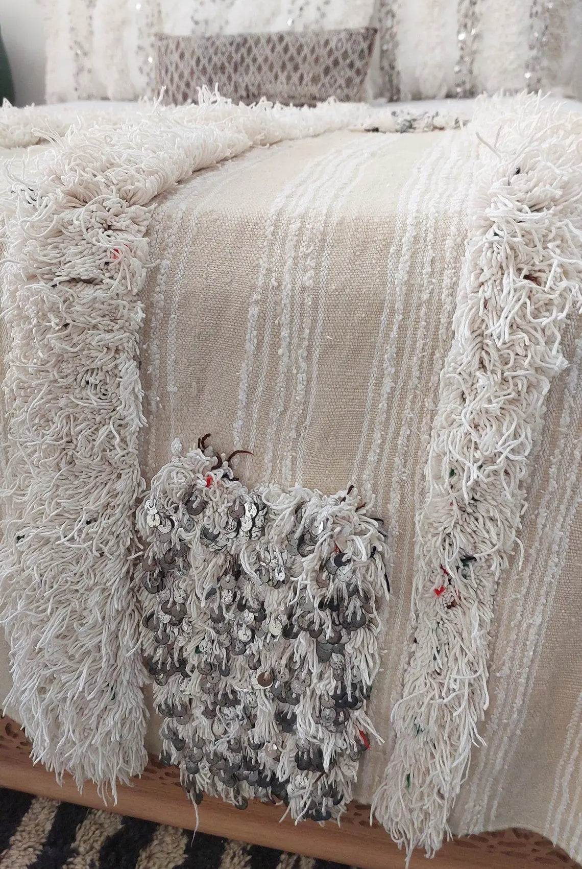 Handira Moroccan Wedding Blanket: Large Ivory Vintage Decor With Sequins, Tassels, Bohemian Century Berber Style MoroccanBazzArts