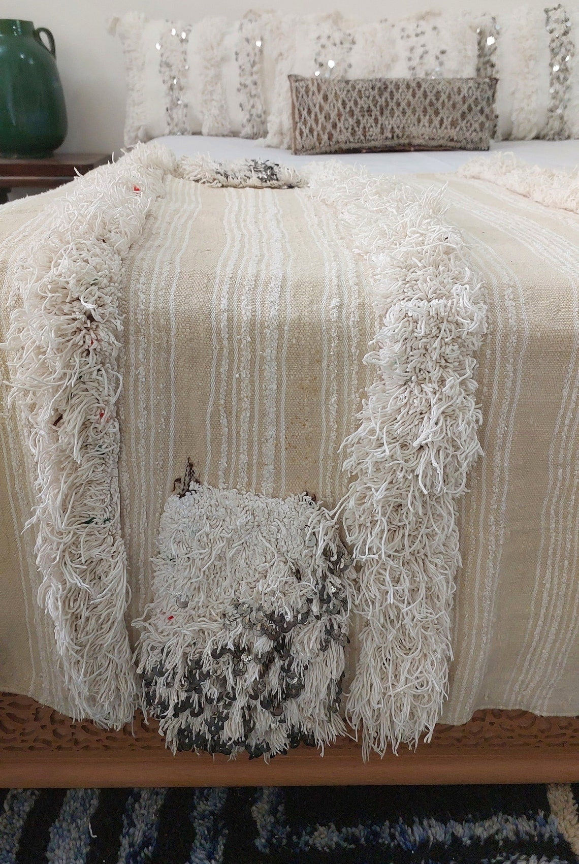 Handira Moroccan Wedding Blanket: Large Ivory Vintage Decor With Sequins, Tassels, Bohemian Century Berber Style MoroccanBazzArts