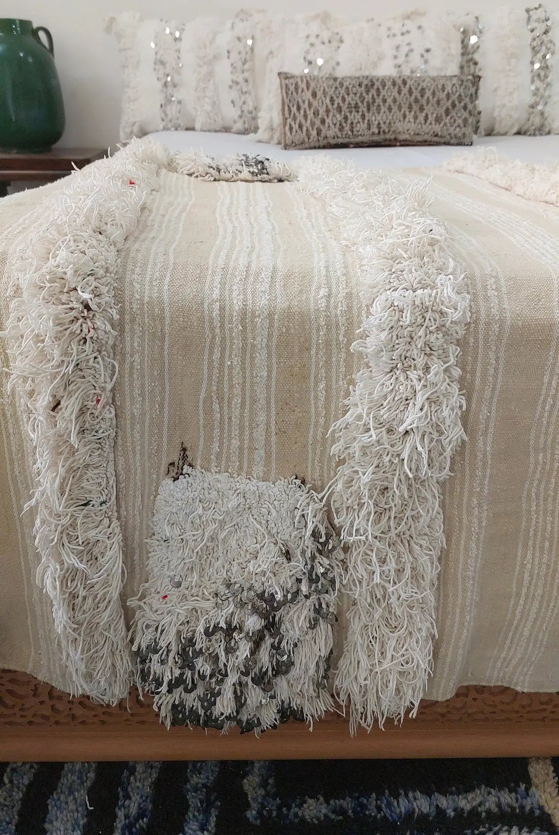 Handira Moroccan Wedding Blanket: Large Ivory Vintage Decor With Sequins, Tassels, Bohemian Century Berber Style MoroccanBazzArts