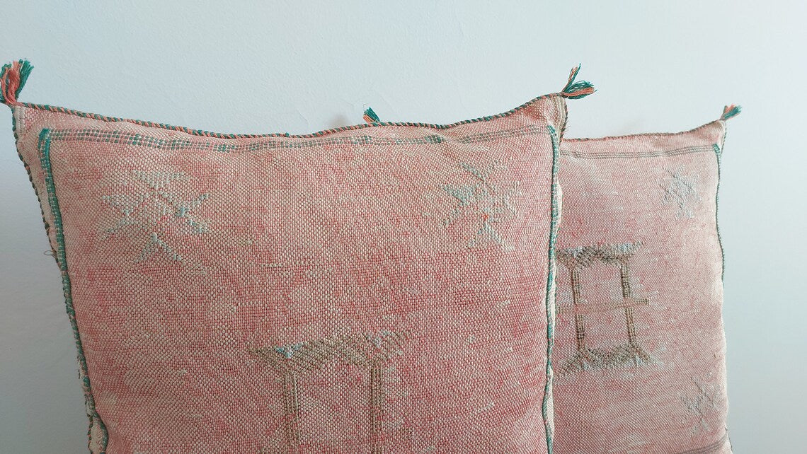 Set Of Two Moroccan Pillows - Handmade Cactus Silk Pillows Cases - Decorative Berber Pillows. MoroccanBazzArts