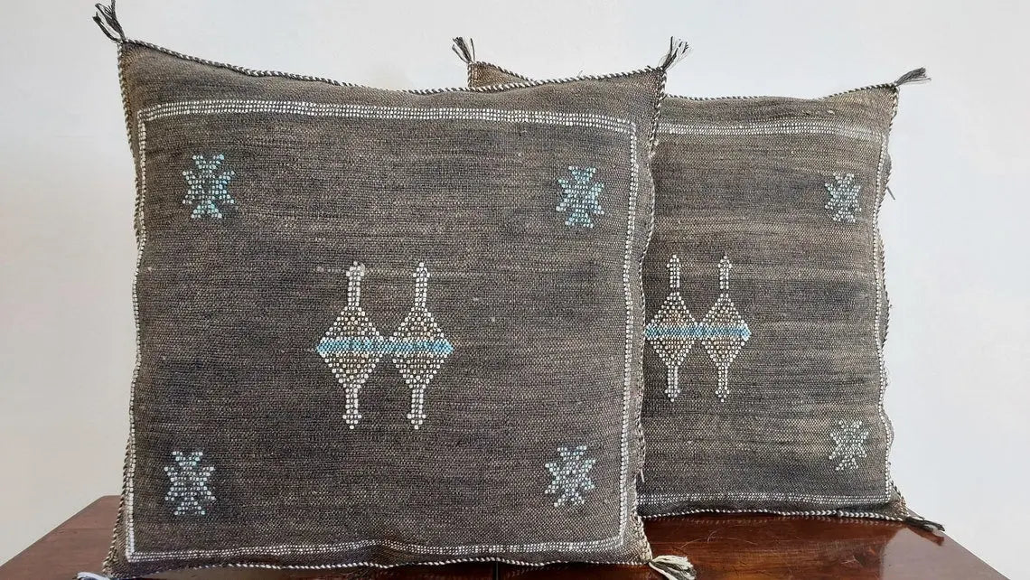 Handcrafted Moroccan Cactus Silk Pillow Cases - Set Of 2 Black & Bronze Decorative Cushions MoroccanBazzArts