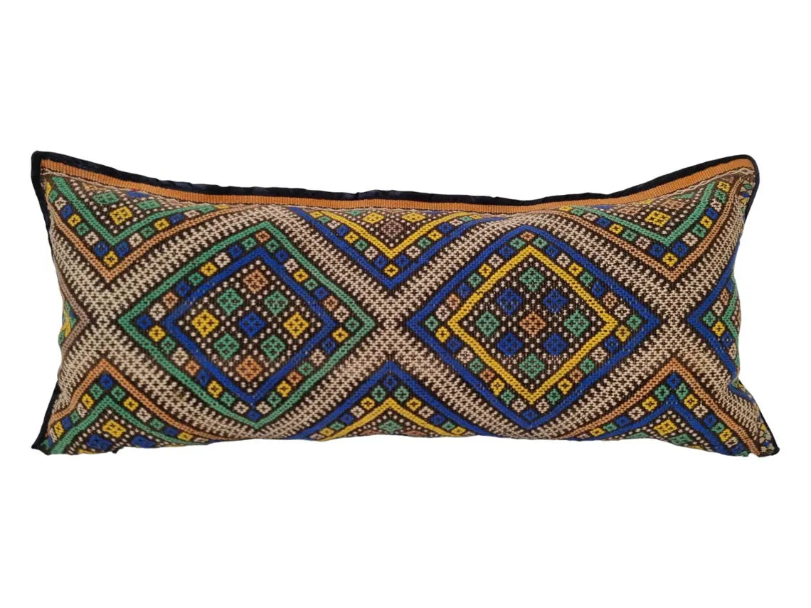 Vintage Moroccan Kilim Lumbar Pillow - Handwoven Berber Marmoucha Cushion Cover 14x31 Inches MoroccanBazzArts
