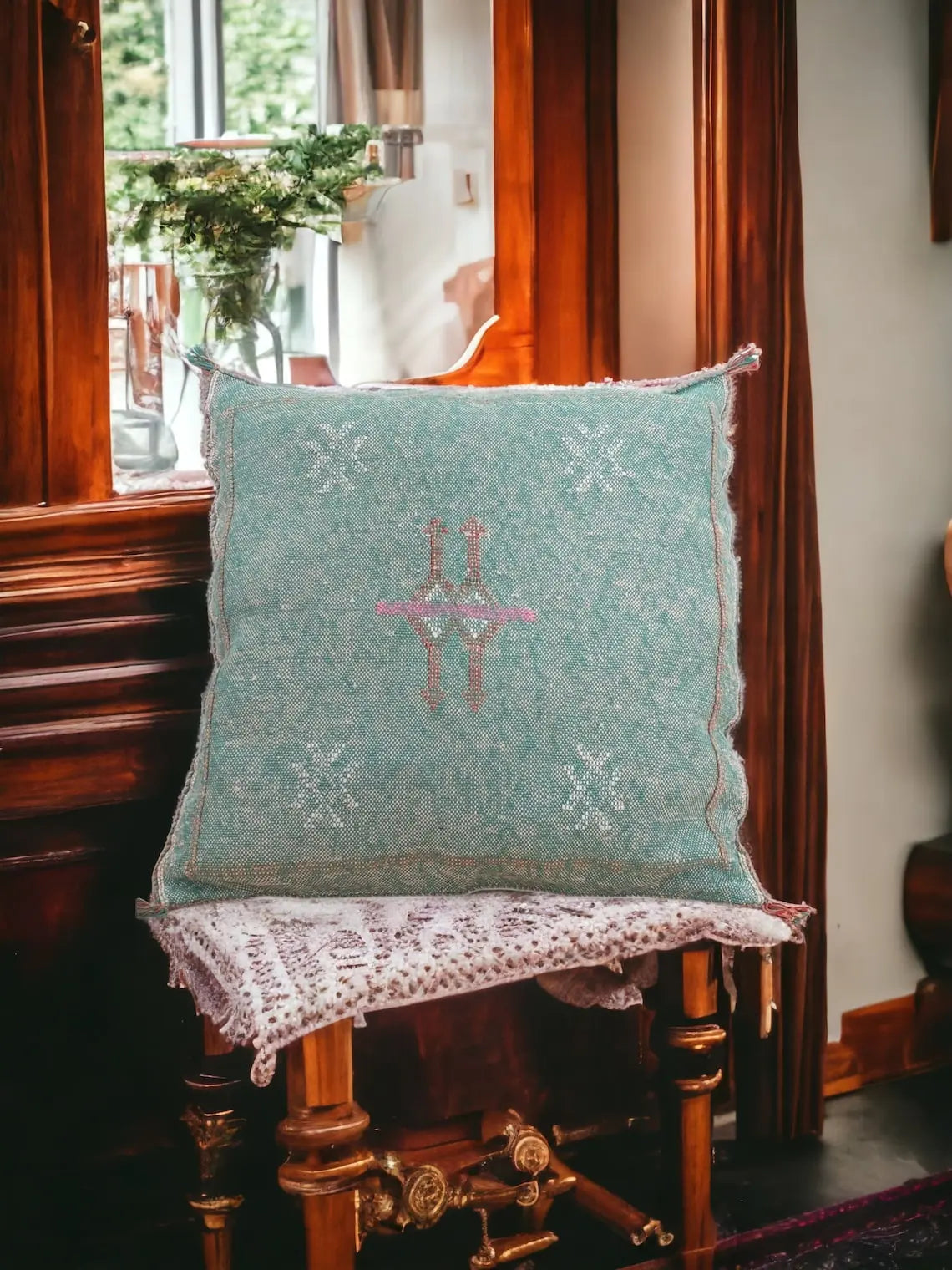 Luxurious Green Moroccan Cactus Sabra Silk Pillow Cover - Boho Berber Decor Wedding Gift For Mom MoroccanBazzArts
