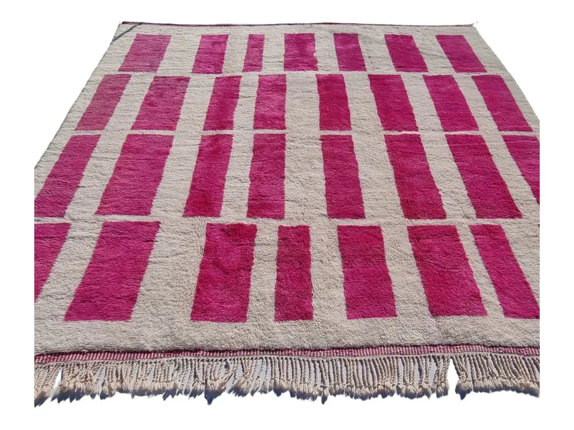 Moroccan Berber Rug Magenta Cream Wool: Custom Handknotted Contemporary Plush Pile Area Rug For Living Room MoroccanBazzArts