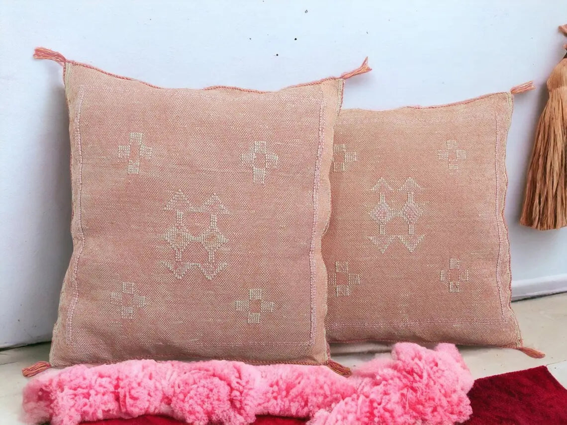 Set Of Two Moroccan Pillows - Handmade Cactus Silk Pillows Cases - Decorative Berber Pillows. MoroccanBazzArts