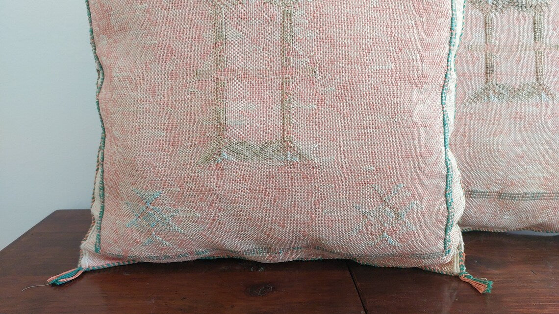 Set Of Two Moroccan Pillows - Handmade Cactus Silk Pillows Cases - Decorative Berber Pillows. MoroccanBazzArts