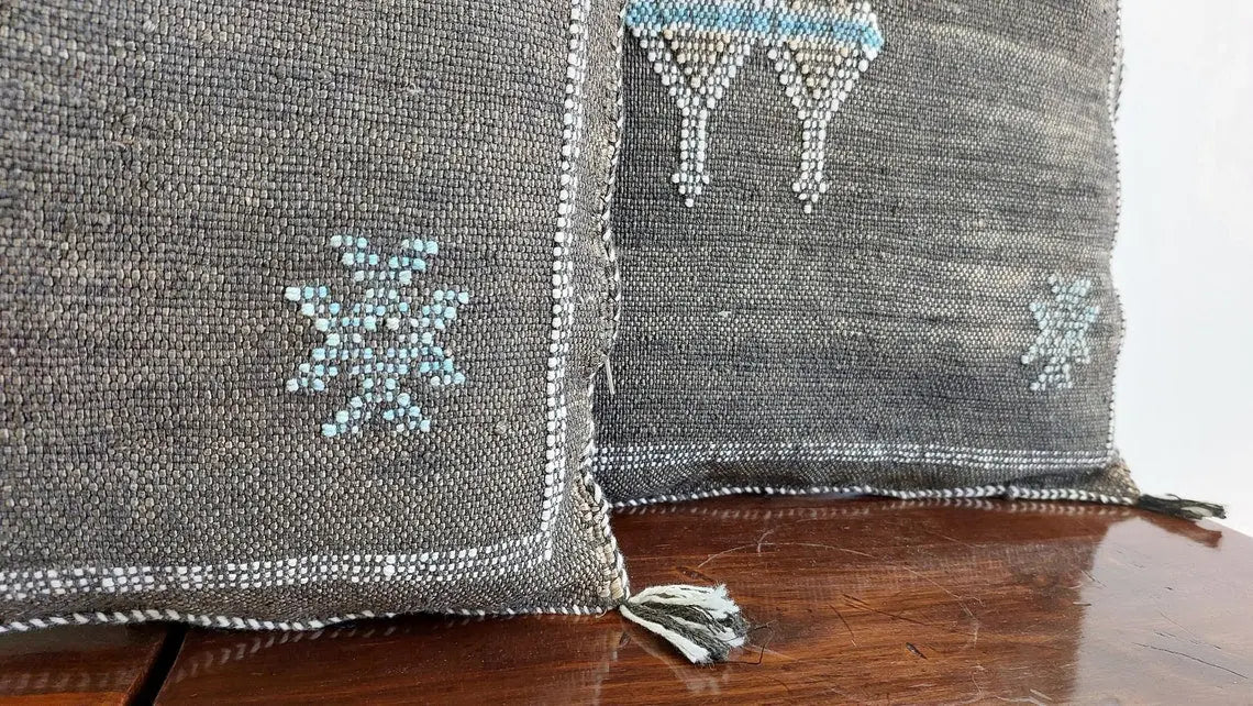 Handcrafted Moroccan Cactus Silk Pillow Cases - Set Of 2 Black & Bronze Decorative Cushions MoroccanBazzArts