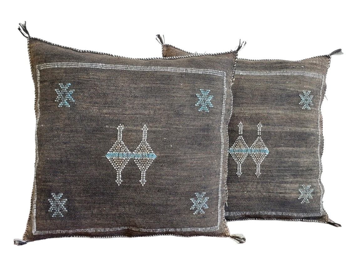 Handcrafted Moroccan Cactus Silk Pillow Cases - Set Of 2 Black & Bronze Decorative Cushions MoroccanBazzArts
