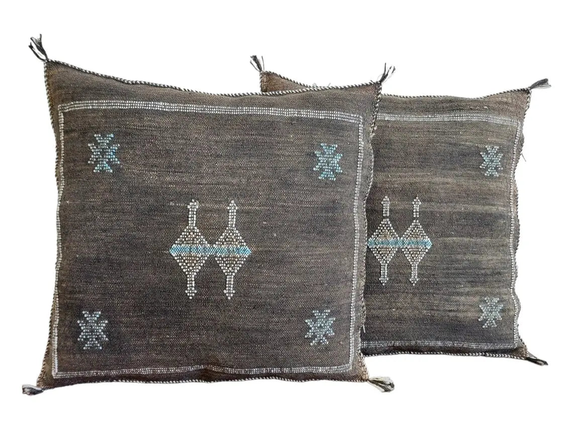 Handcrafted Moroccan Cactus Silk Pillow Cases - Set Of 2 Black & Bronze Decorative Cushions MoroccanBazzArts