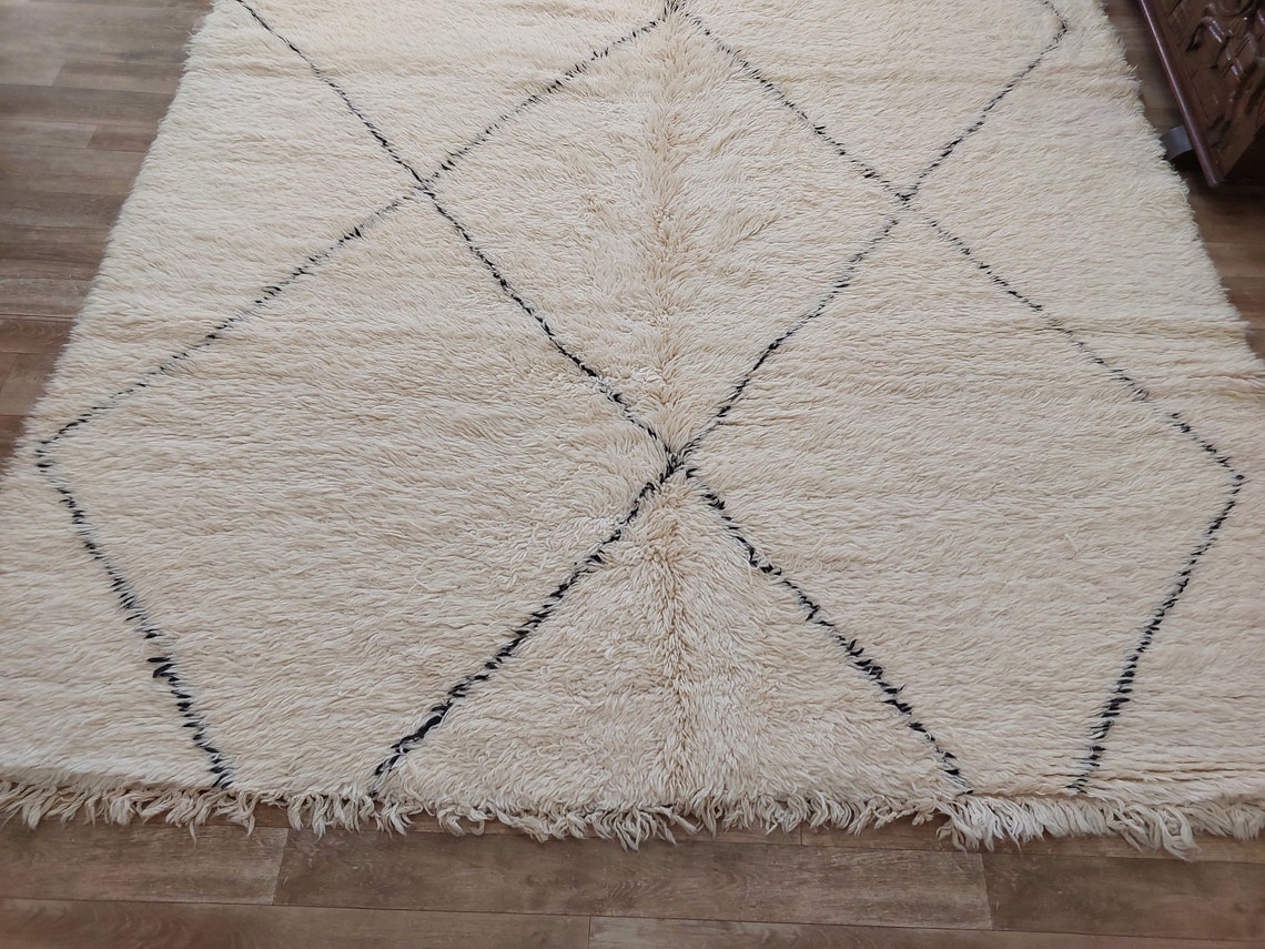 Authentic Beni Ourain Moroccan Rug: Handmade Wool Berber Carpet For Living Room, White & Black, 7.5x10.9 MoroccanBazzArts