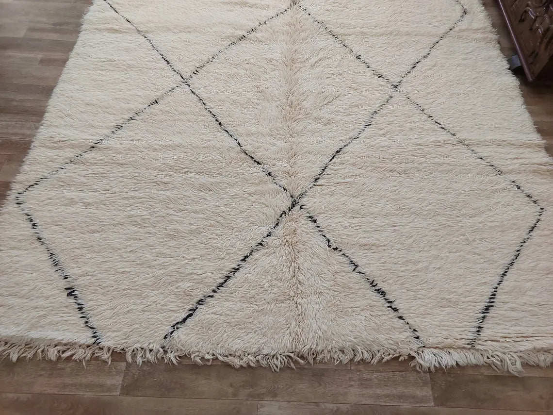 Authentic Beni Ourain Moroccan Rug: Handmade Wool Berber Carpet For Living Room, White & Black, 7.5x10.9 MoroccanBazzArts