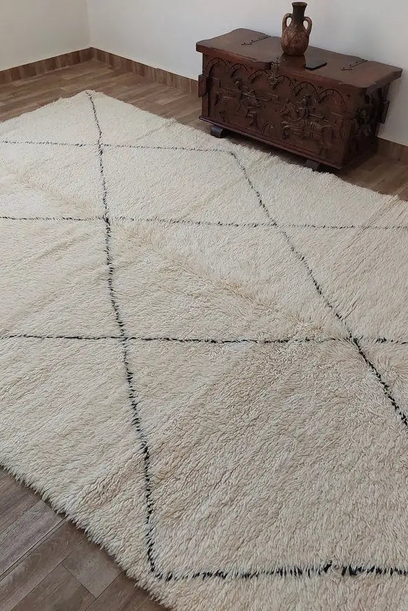 Authentic Beni Ourain Moroccan Rug: Handmade Wool Berber Carpet For Living Room, White & Black, 7.5x10.9 MoroccanBazzArts