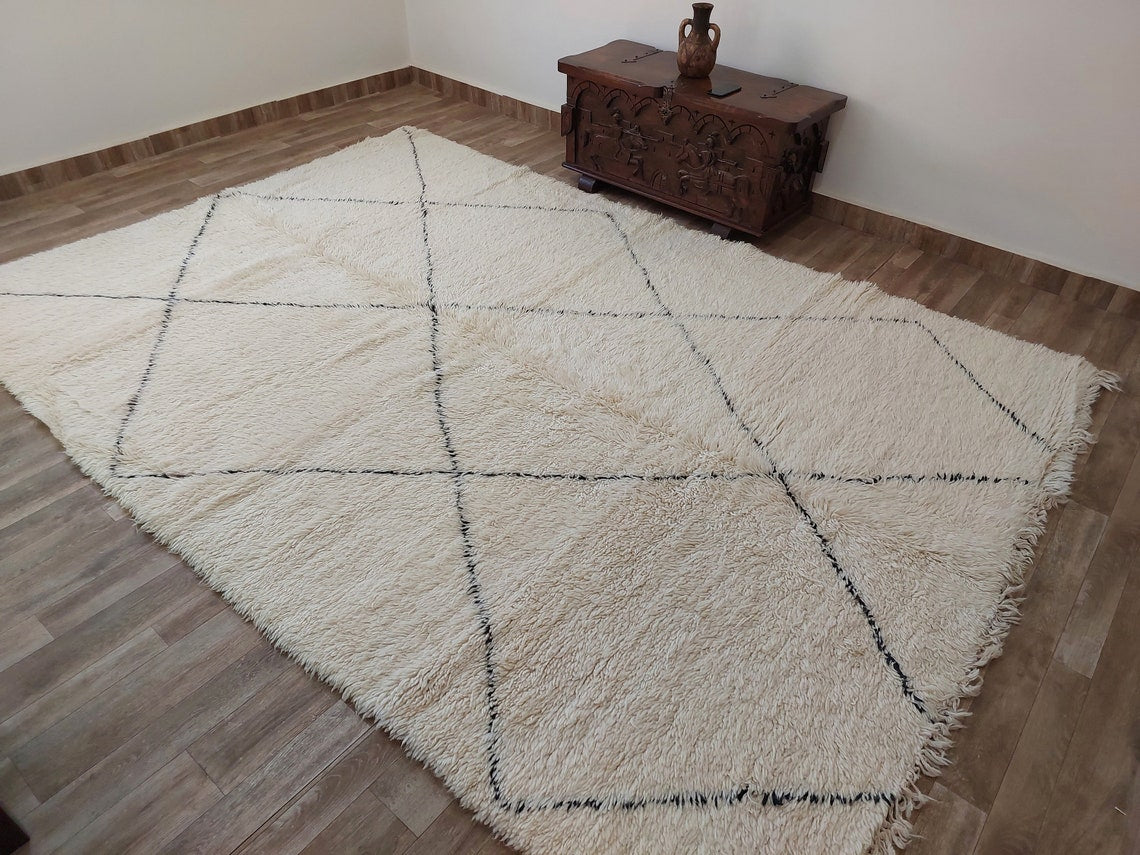 Authentic Beni Ourain Moroccan Rug: Handmade Wool Berber Carpet For Living Room, White & Black, 7.5x10.9 MoroccanBazzArts
