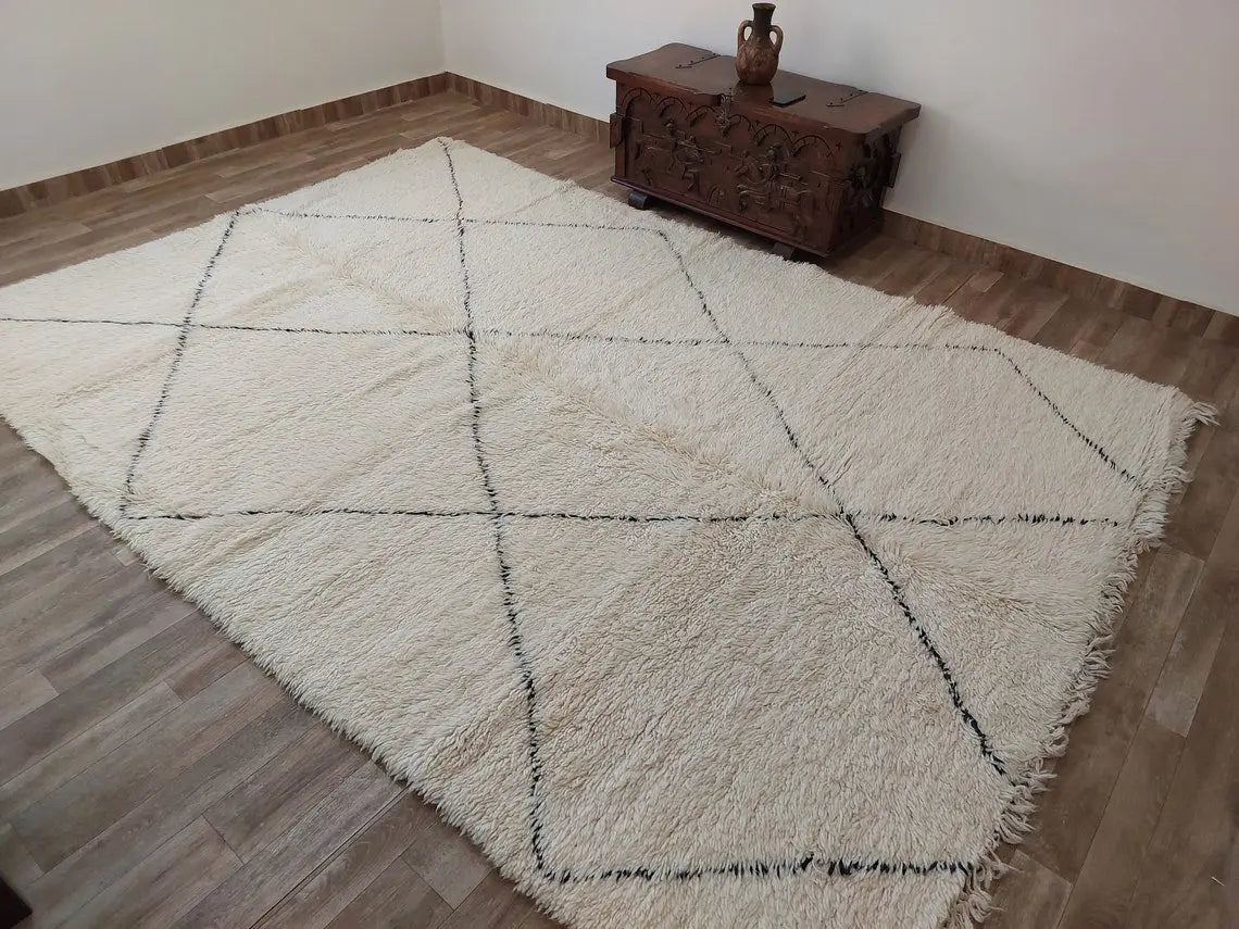 Authentic Beni Ourain Moroccan Rug: Handmade Wool Berber Carpet For Living Room, White & Black, 7.5x10.9 MoroccanBazzArts