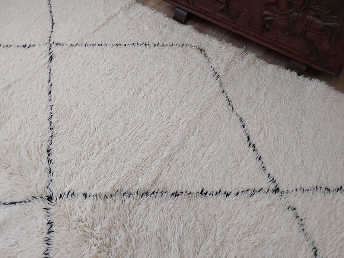 Authentic Beni Ourain Moroccan Rug: Handmade Wool Berber Carpet For Living Room, White & Black, 7.5x10.9 MoroccanBazzArts