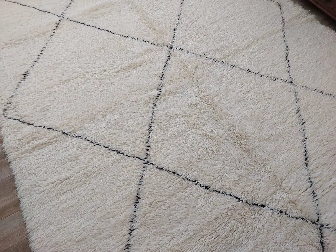 Authentic Beni Ourain Moroccan Rug: Handmade Wool Berber Carpet For Living Room, White & Black, 7.5x10.9 MoroccanBazzArts