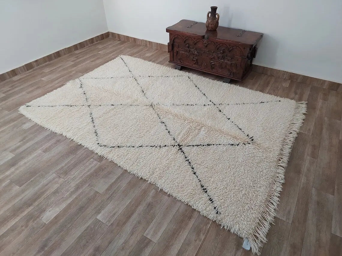 Authentic Moroccan Beni Ourain Rug - Vintage Distressed Design - Soft Wool - 5.6 X 8.2 Ft MoroccanBazzArts