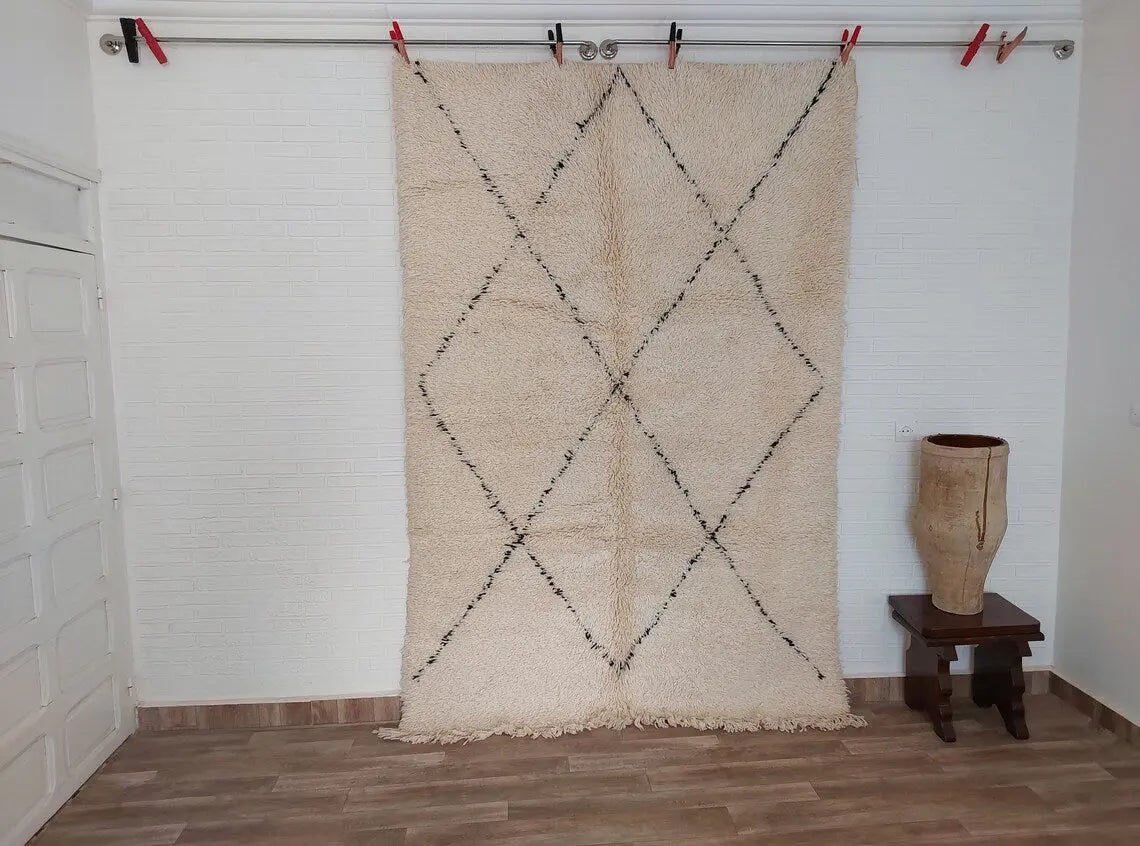Authentic Moroccan Beni Ourain Rug - Vintage Distressed Design - Soft Wool - 5.6 X 8.2 Ft MoroccanBazzArts