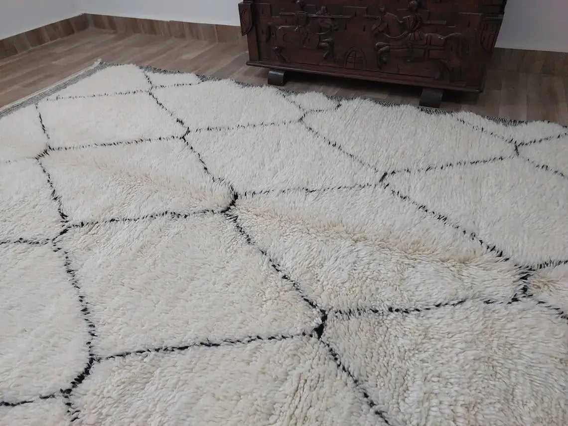 White Berber Wool Rug - Handmade Moroccan Beni Ourain Carpet 5.4x8.2ft Area Rug MoroccanBazzArts
