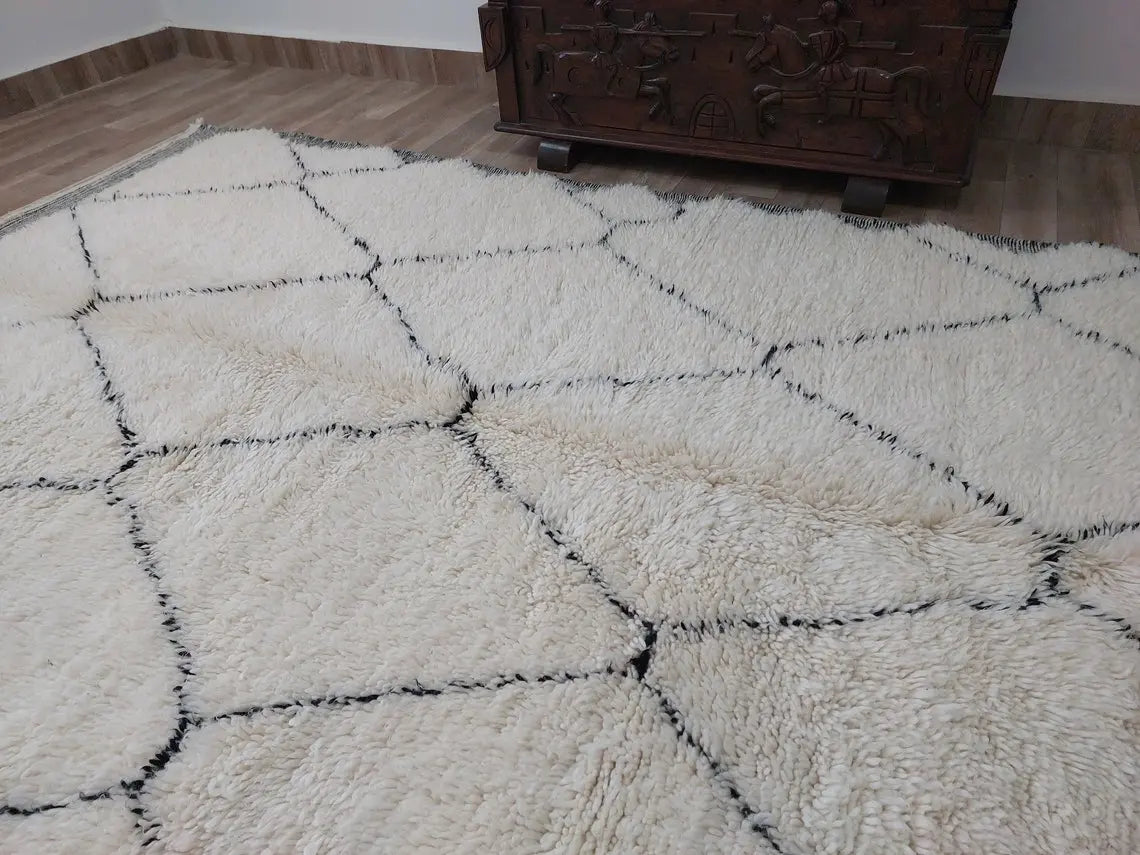 White Berber Wool Rug - Handmade Moroccan Beni Ourain Carpet 5.4x8.2ft Area Rug MoroccanBazzArts