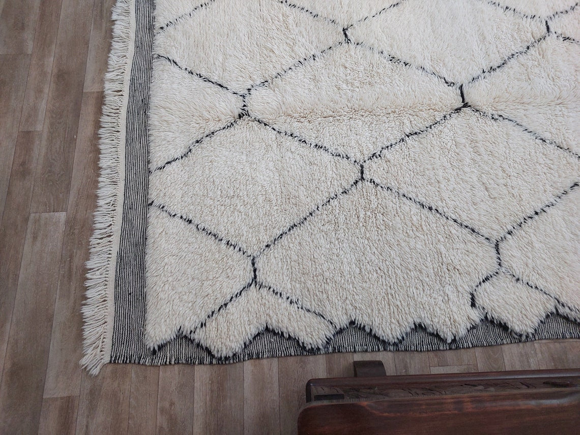 White Berber Wool Rug - Handmade Moroccan Beni Ourain Carpet 5.4x8.2ft Area Rug MoroccanBazzArts