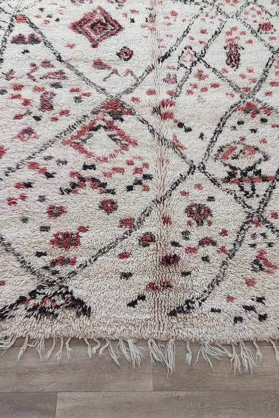 Berber Geometric Rug 6'10"X8'10" Wool: Handmade Moroccan Seghrouchen, Ivory Area Bohemian Decor, Traditional Artisan Statement MoroccanBazzArts