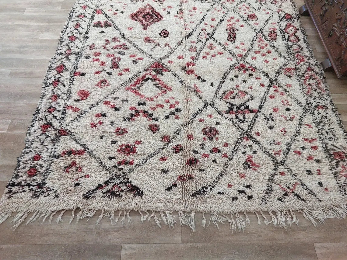 Berber Geometric Rug 6'10"X8'10" Wool: Handmade Moroccan Seghrouchen, Ivory Area Bohemian Decor, Traditional Artisan Statement MoroccanBazzArts