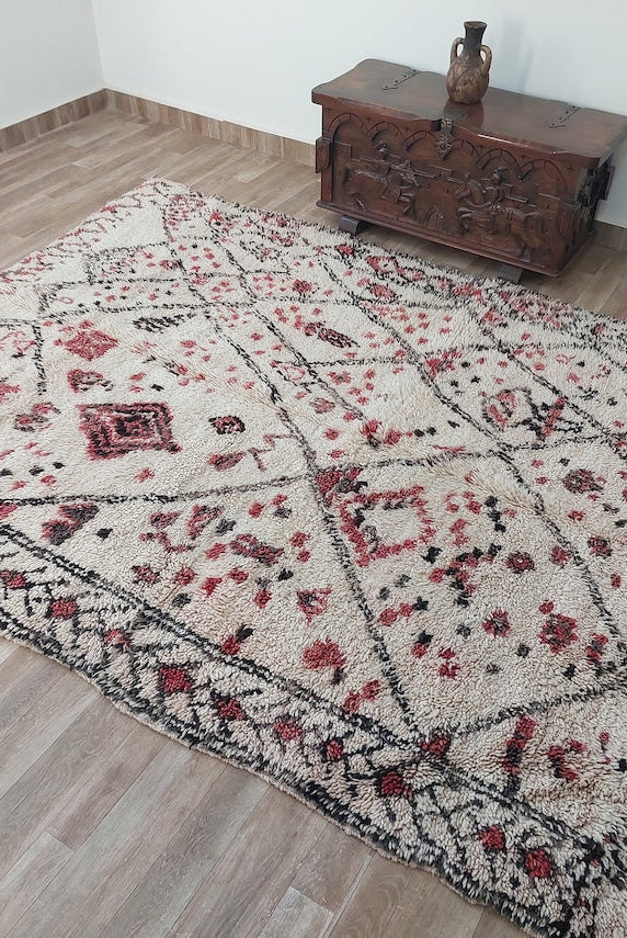 Berber Geometric Rug 6'10"X8'10" Wool: Handmade Moroccan Seghrouchen, Ivory Area Bohemian Decor, Traditional Artisan Statement MoroccanBazzArts