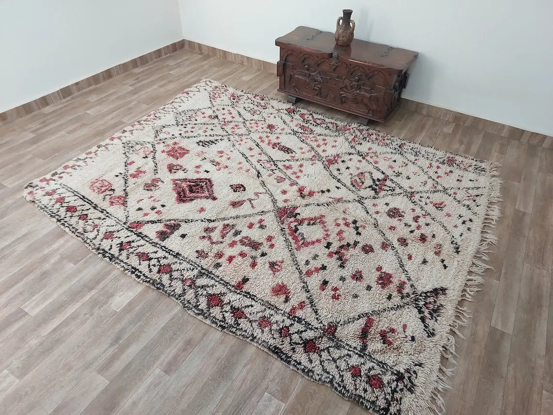 Berber Geometric Rug 6'10"X8'10" Wool: Handmade Moroccan Seghrouchen, Ivory Area Bohemian Decor, Traditional Artisan Statement MoroccanBazzArts