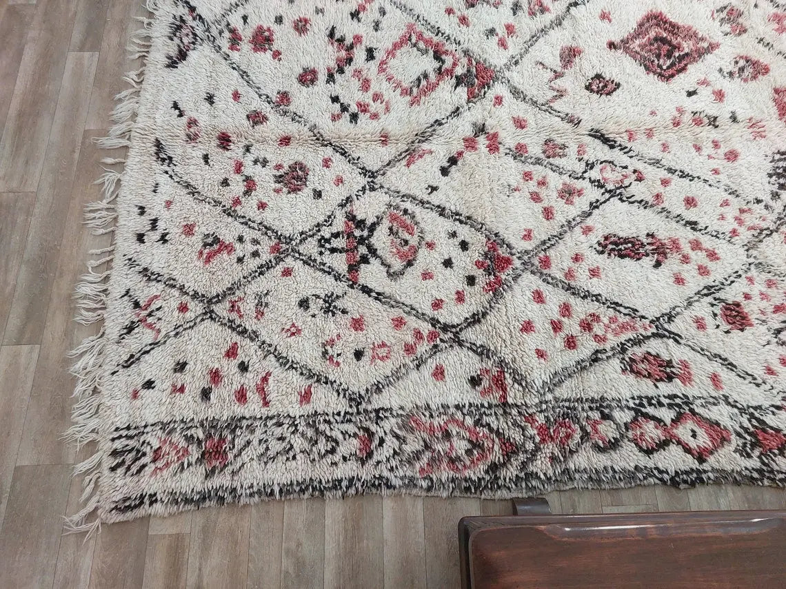 Berber Geometric Rug 6'10"X8'10" Wool: Handmade Moroccan Seghrouchen, Ivory Area Bohemian Decor, Traditional Artisan Statement MoroccanBazzArts