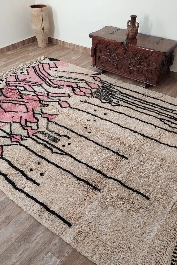 Handwoven Moroccan Area Rug: Soft Beige, Pink & Black Geometric Pattern - Elegant Living Room Decor MoroccanBazzArts
