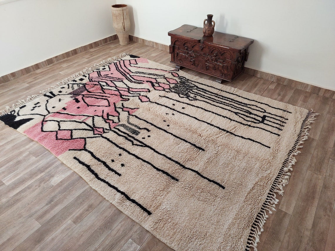 Handwoven Moroccan Area Rug: Soft Beige, Pink & Black Geometric Pattern - Elegant Living Room Decor MoroccanBazzArts