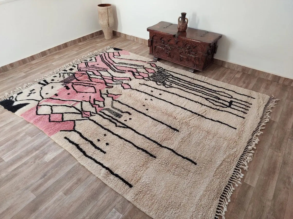 Handwoven Moroccan Area Rug: Soft Beige, Pink & Black Geometric Pattern - Elegant Living Room Decor MoroccanBazzArts