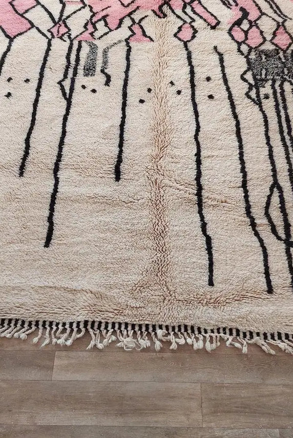 Handwoven Moroccan Area Rug: Soft Beige, Pink & Black Geometric Pattern - Elegant Living Room Decor MoroccanBazzArts