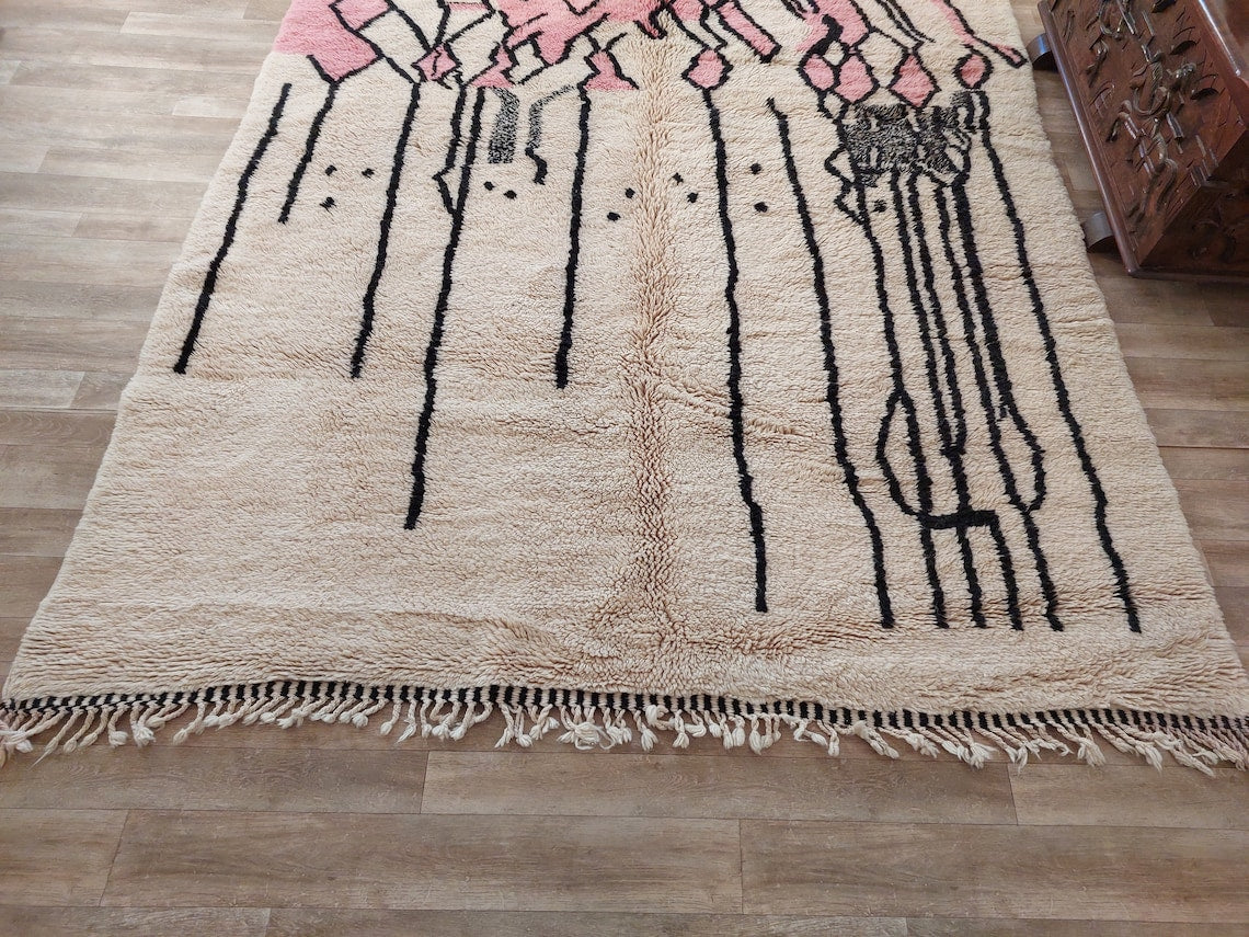 Handwoven Moroccan Area Rug: Soft Beige, Pink & Black Geometric Pattern - Elegant Living Room Decor MoroccanBazzArts