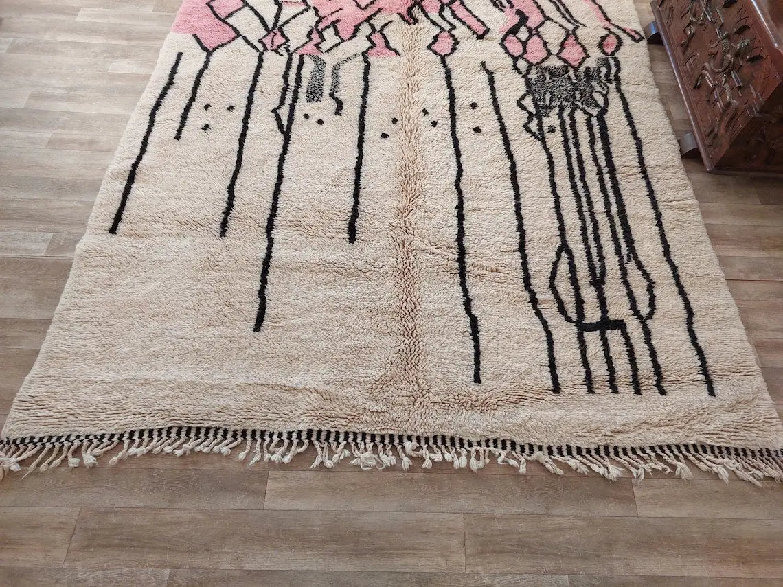 Handwoven Moroccan Area Rug: Soft Beige, Pink & Black Geometric Pattern - Elegant Living Room Decor MoroccanBazzArts