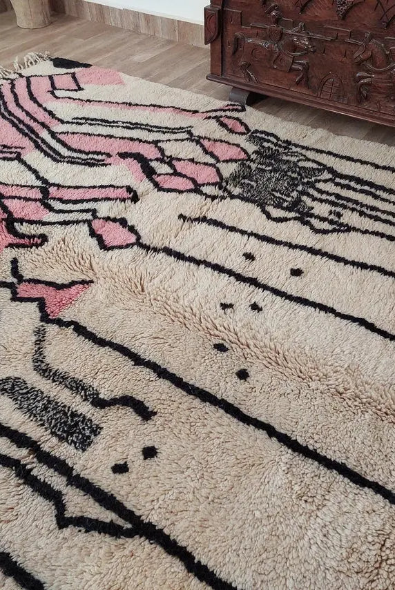 Handwoven Moroccan Area Rug: Soft Beige, Pink & Black Geometric Pattern - Elegant Living Room Decor MoroccanBazzArts