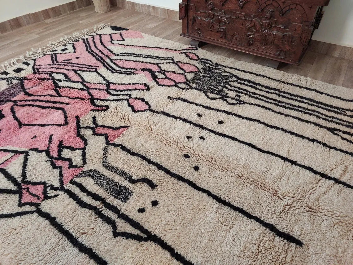 Handwoven Moroccan Area Rug: Soft Beige, Pink & Black Geometric Pattern - Elegant Living Room Decor MoroccanBazzArts