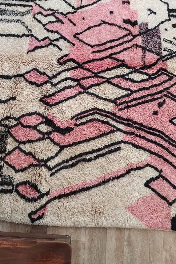 Handwoven Moroccan Area Rug: Soft Beige, Pink & Black Geometric Pattern - Elegant Living Room Decor MoroccanBazzArts