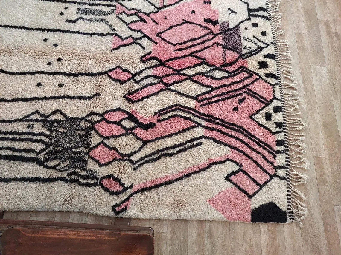 Handwoven Moroccan Area Rug: Soft Beige, Pink & Black Geometric Pattern - Elegant Living Room Decor MoroccanBazzArts