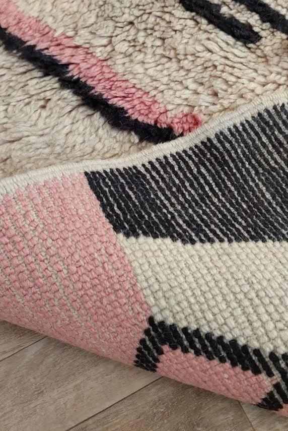 Handwoven Moroccan Area Rug: Soft Beige, Pink & Black Geometric Pattern - Elegant Living Room Decor MoroccanBazzArts