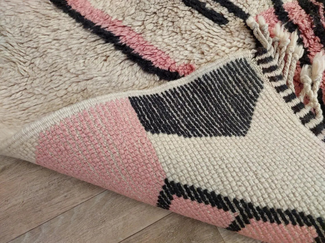 Handwoven Moroccan Area Rug: Soft Beige, Pink & Black Geometric Pattern - Elegant Living Room Decor MoroccanBazzArts