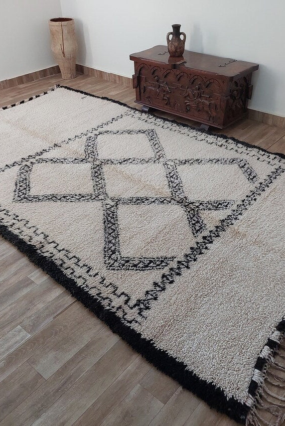 Beni Ourain Rug Handknotted Wool: Authentic Vintage Moroccan Carpet 6'6"X11'1" Lamb Wool MoroccanBazzArts