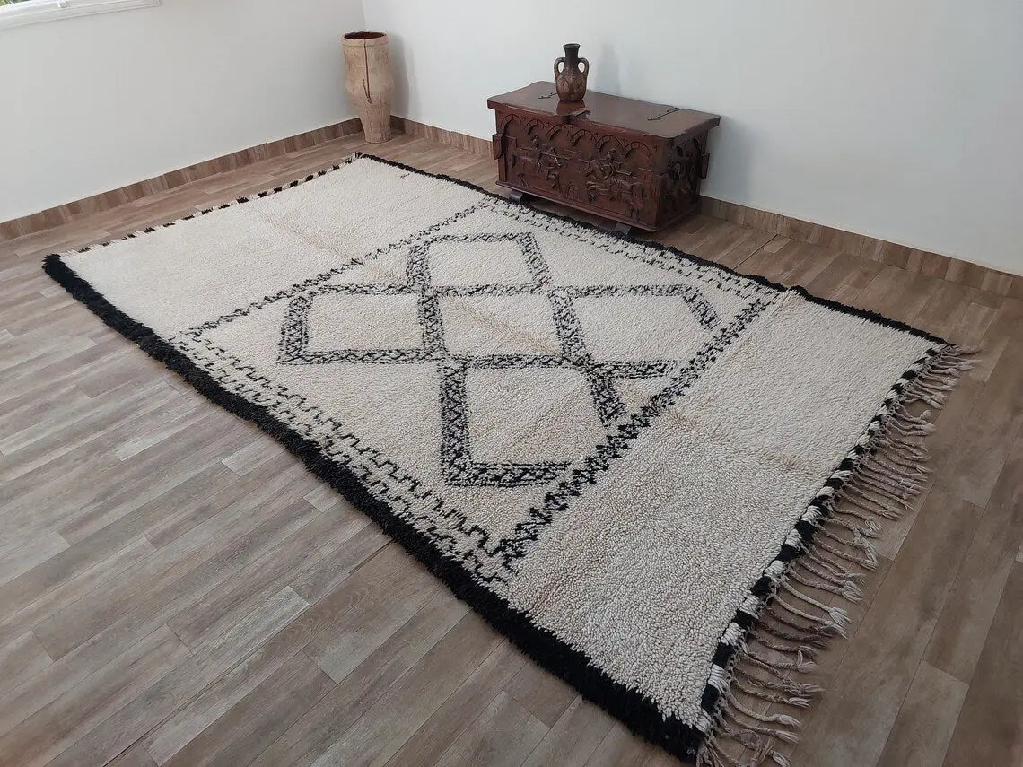 Beni Ourain Rug Handknotted Wool: Authentic Vintage Moroccan Carpet 6'6"X11'1" Lamb Wool MoroccanBazzArts