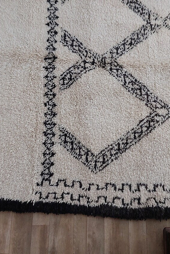 Beni Ourain Rug Handknotted Wool: Authentic Vintage Moroccan Carpet 6'6"X11'1" Lamb Wool MoroccanBazzArts